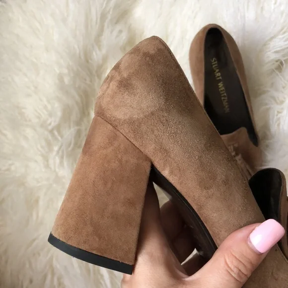 Stuart Weitzman Broom Brown Tassel Suede Block Heel Pumps - Picture 3 of 10